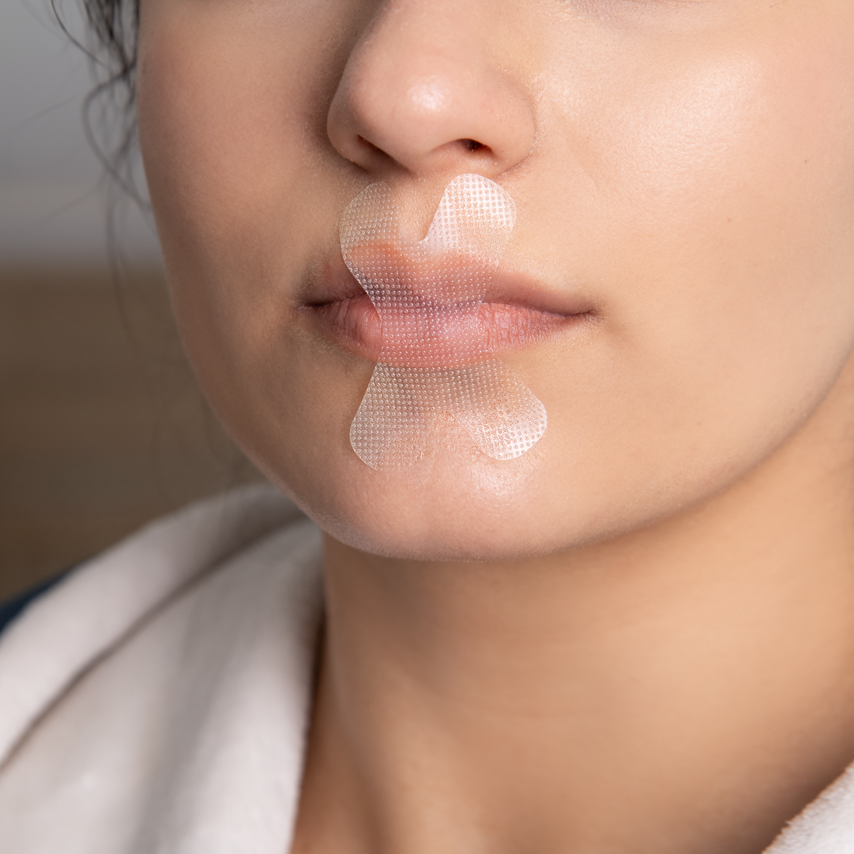 Close-up of breathable adhesive mouth tape